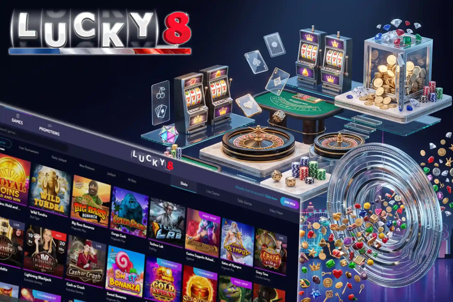 Lucky8 Casino avec machines à sous, jeux de table et casino live.